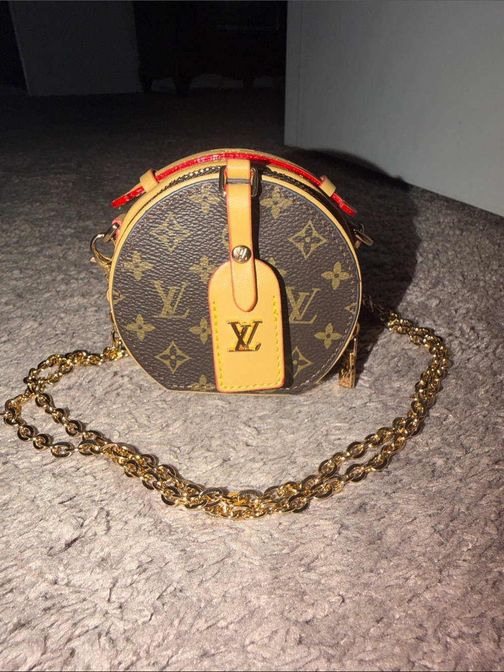 LV Round Monogram Crossbody Bag in Brown and Yellow with Gold Chain